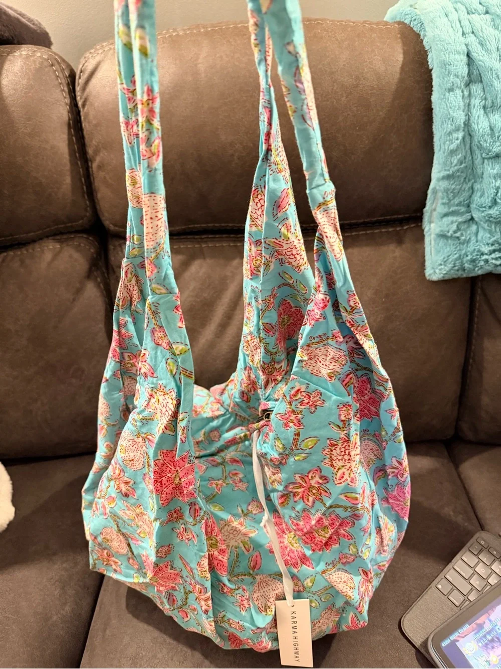 Karma Highway Floral Tote Bag in Aqua and Pink